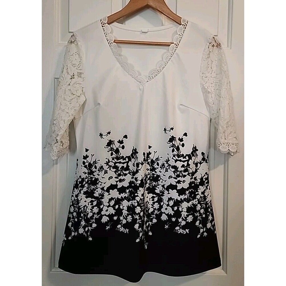 Black And White Women's Floral Lace 3/4.Sleeves Top Small Silky Tunic Blouse